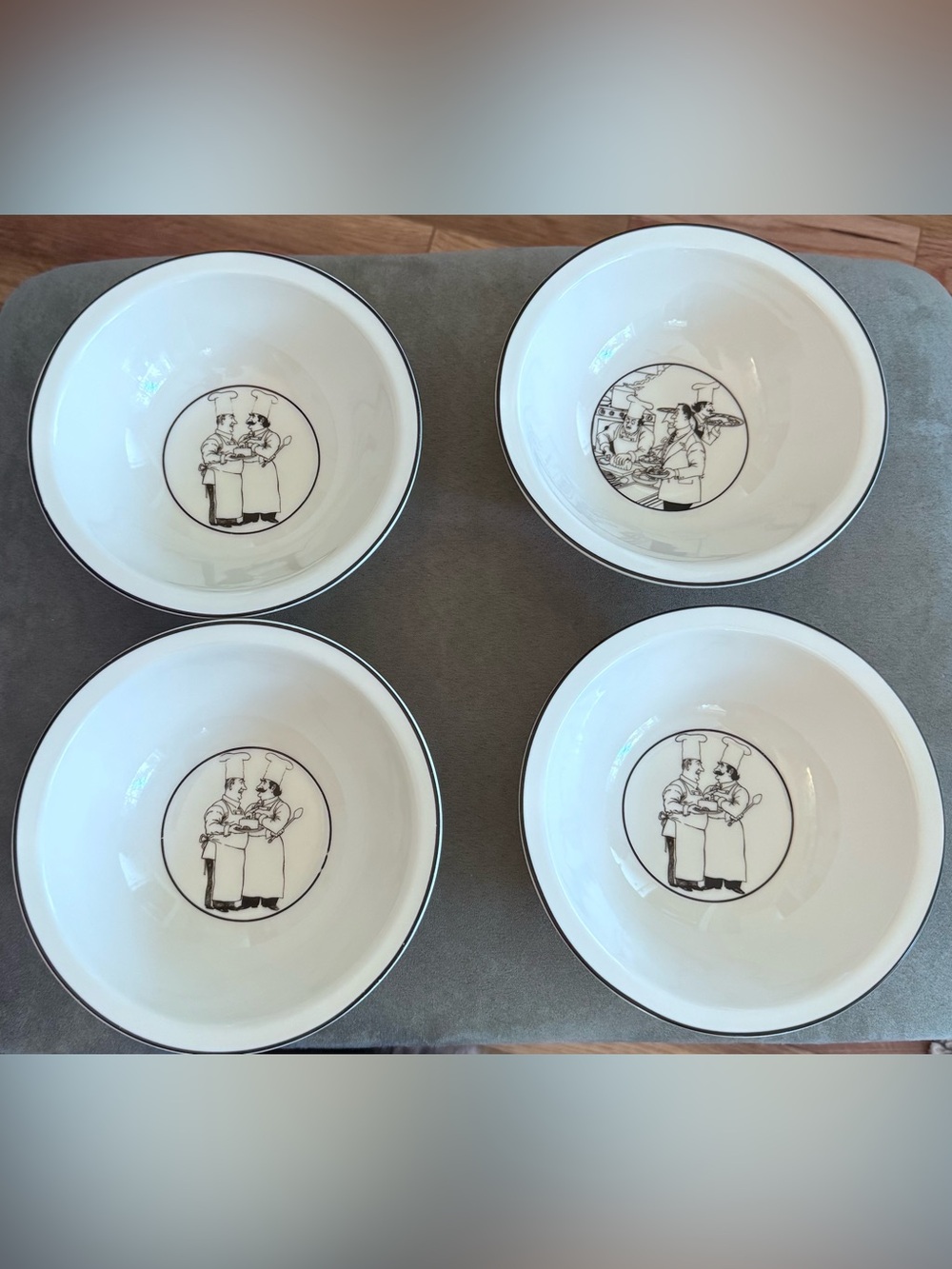Vintage Epoch Chef Illustration White Ceramic Bowls - Set of 4, Le Restaurant